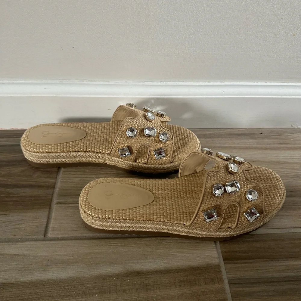 Jessica Simpson Danalea Natural Beige Raffia Embellished Slide Sandals